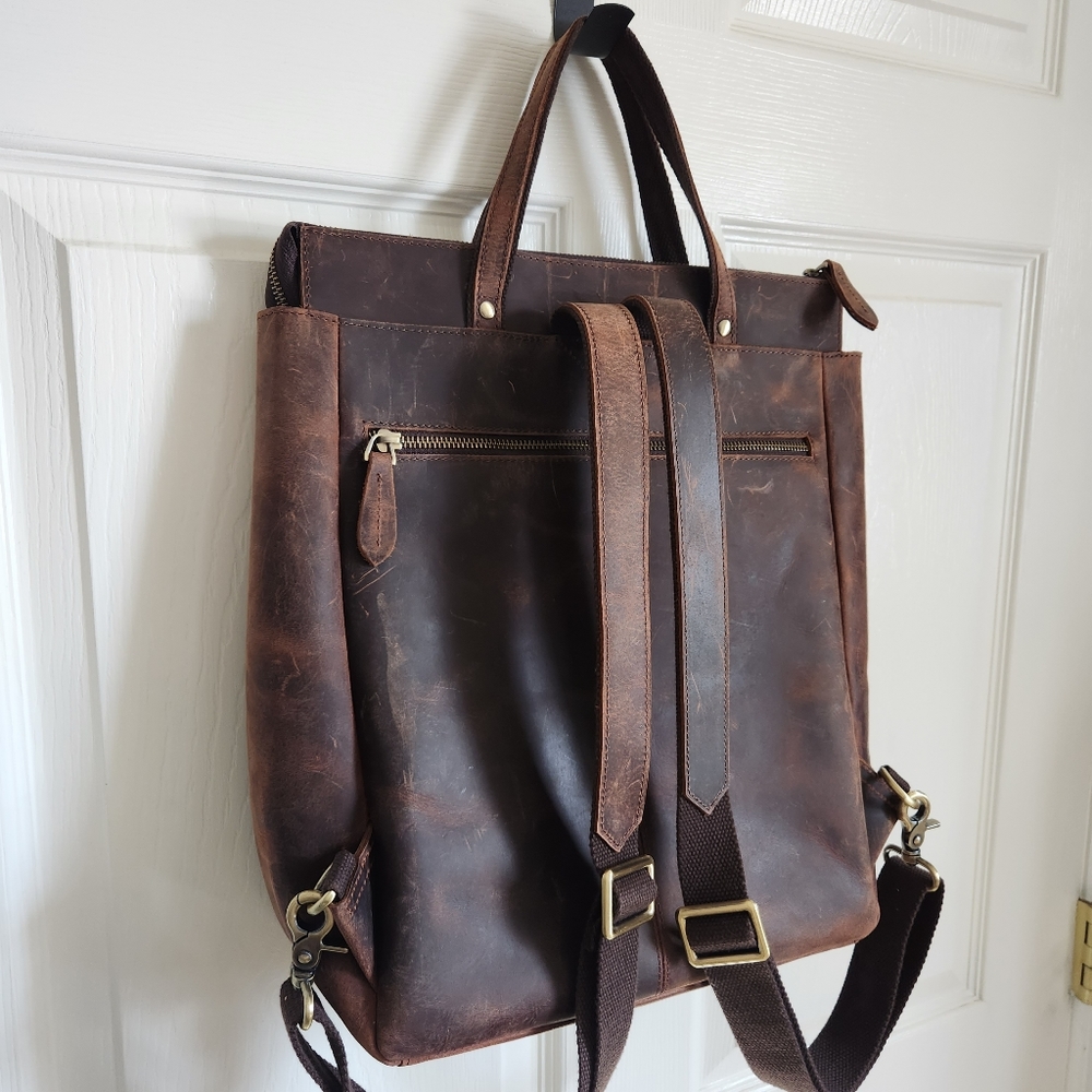 Leather Backpack Tote in Distressed Brown - Picture 3 of 16